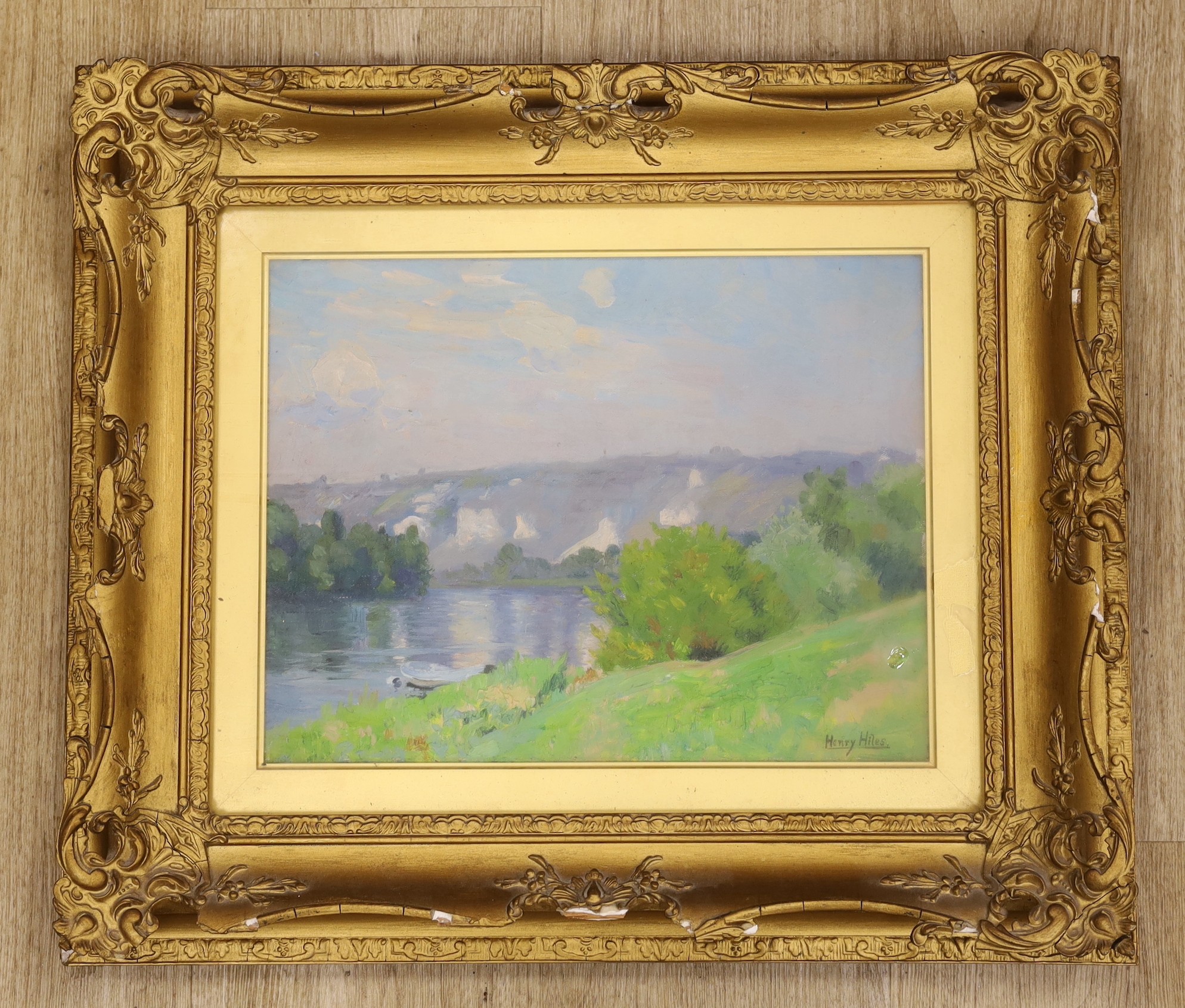 Henry Hiles (1857-1948), oil on canvas, River landscape, signed, 26 x 34cm